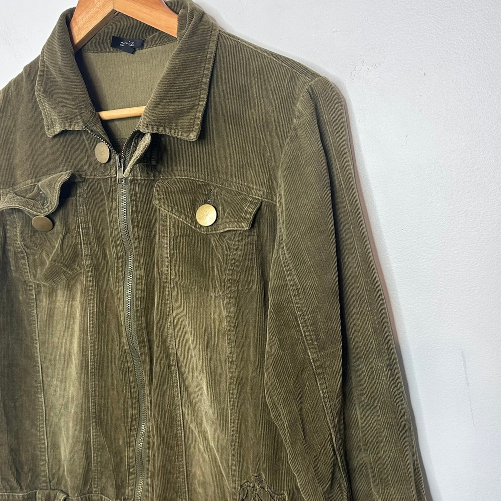 AZIZ Women Olive Green Corduroy Zip Front Jacket‎ Size Medium Embroidered Detail - Picture 3 of 11